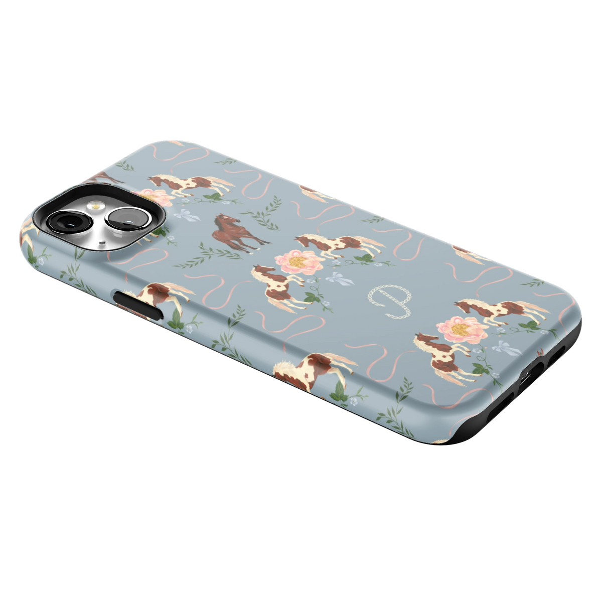Prairie Personalized iPhone 15 Plus case lying at an angle, showing the side buttons and print wrapping the edges