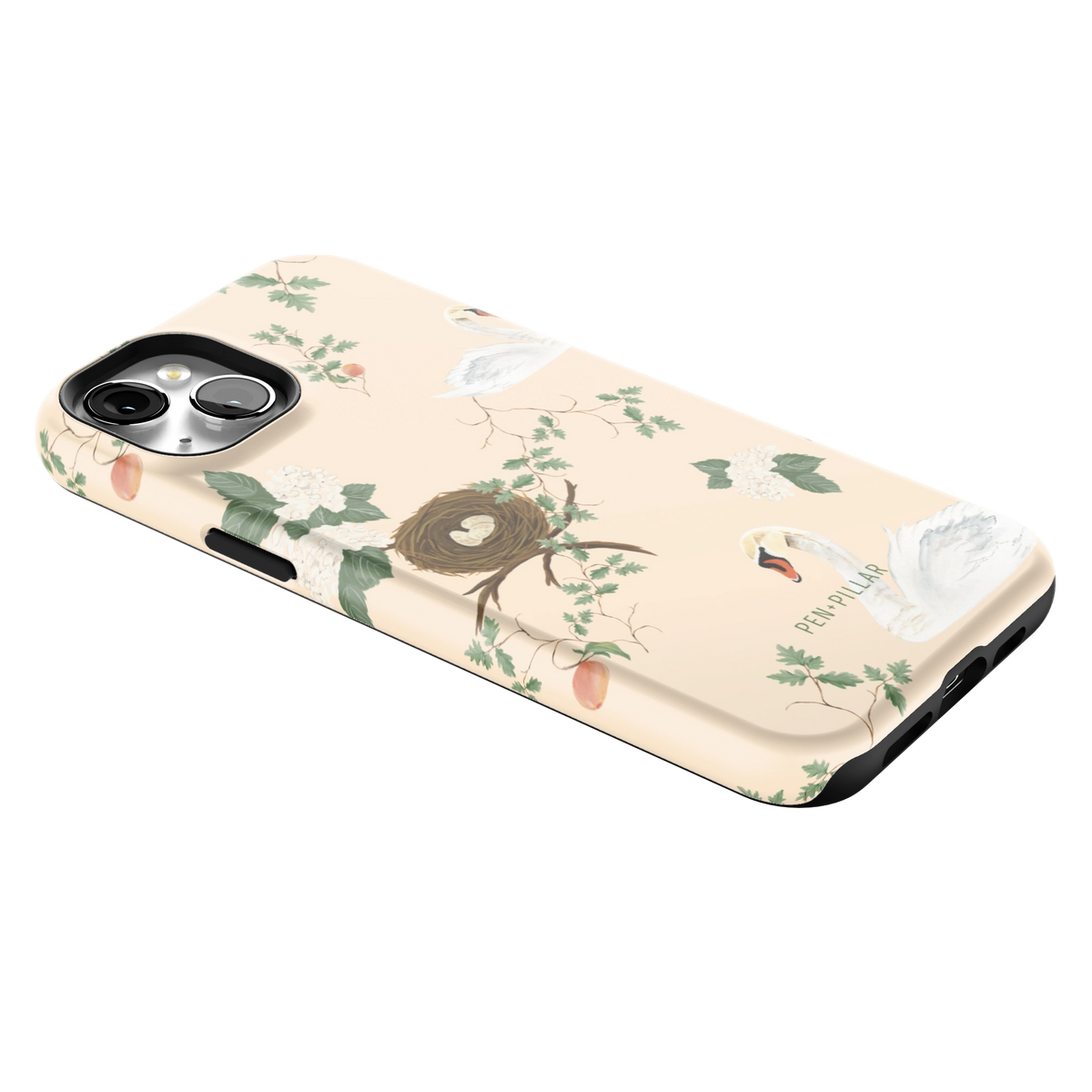 Swan Hollow iPhone 15 Plus case lying at an angle, showing the side buttons and print wrapping the edges