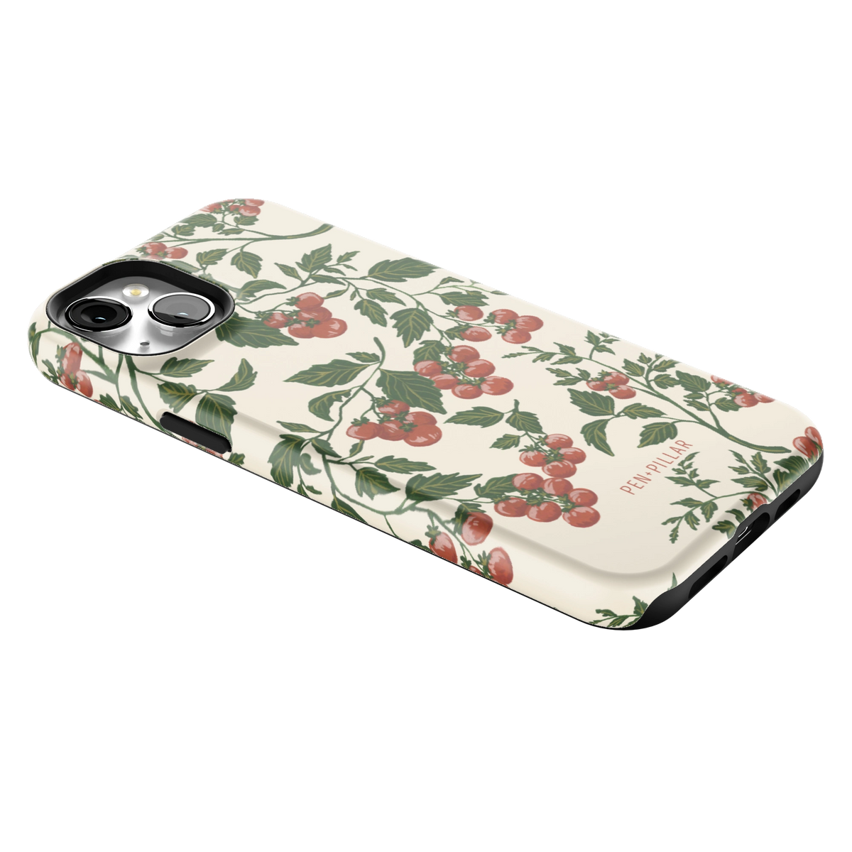 Tomato Vines iPhone 15 Plus case lying at an angle, showing the side buttons and print wrapping the edges