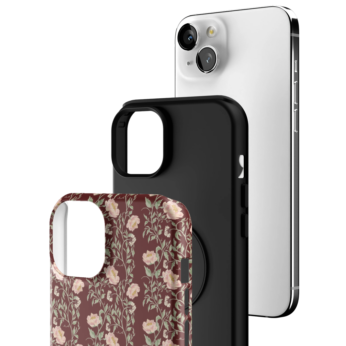 Exploded view of the Thicket iPhone 15 Plus case: printed shell, black inner layer with MagSafe ring, and phone