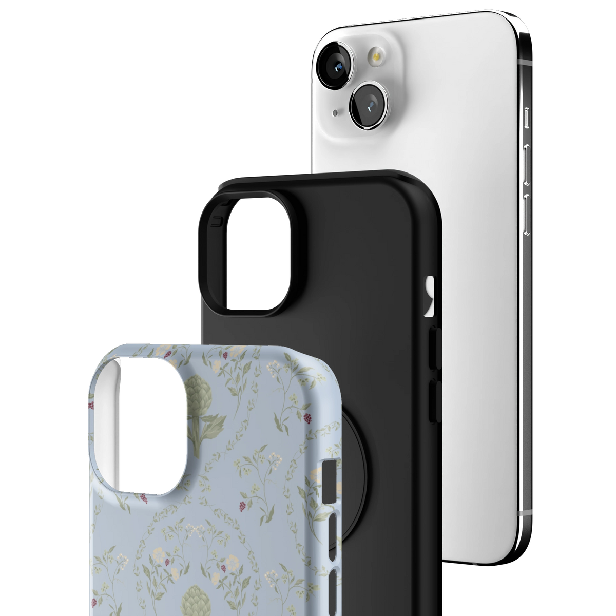 Exploded view of the Artichoke iPhone 15 Plus case: printed shell, black inner layer with MagSafe ring, and phone