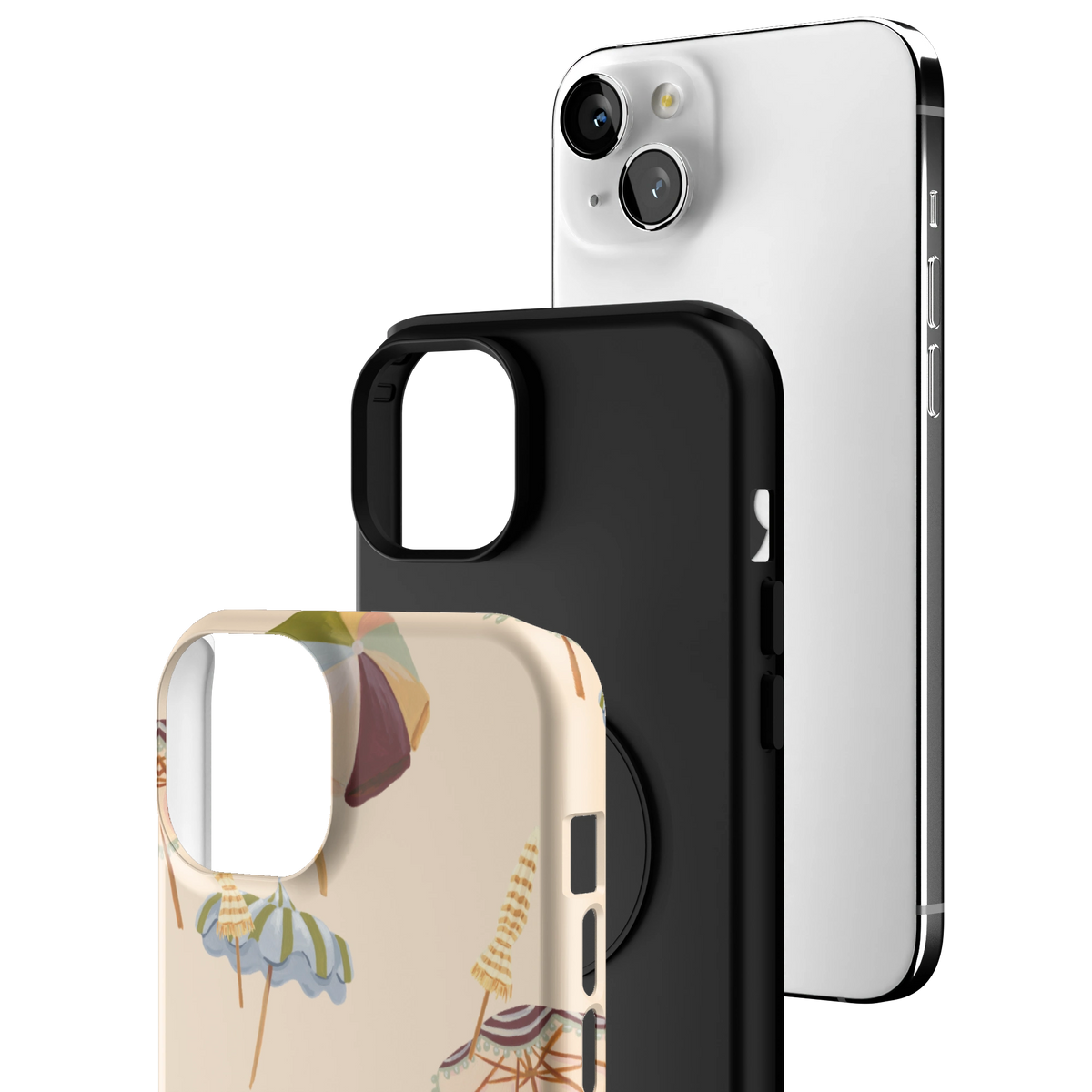 Exploded view of the Umbrellas iPhone 15 Plus case: printed shell, black inner layer with MagSafe ring, and phone