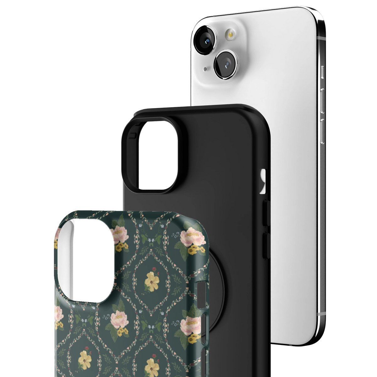 Exploded view of the Meadow iPhone 15 Plus case: printed shell, black inner layer with MagSafe ring, and phone