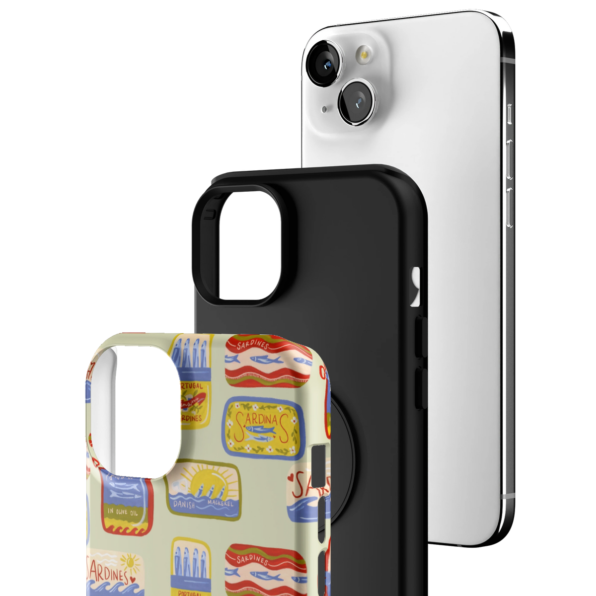 Exploded view of the Sardines iPhone 15 Plus case: printed shell, black inner layer with MagSafe ring, and phone