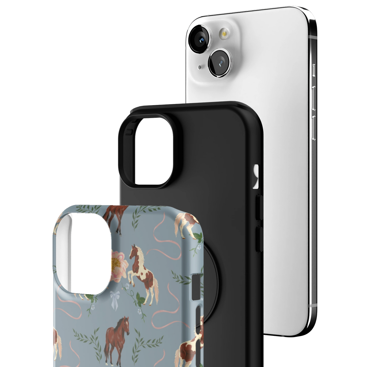 Exploded view of the Prairie Personalized iPhone 15 Plus case: printed shell, black inner layer with MagSafe ring, and phone