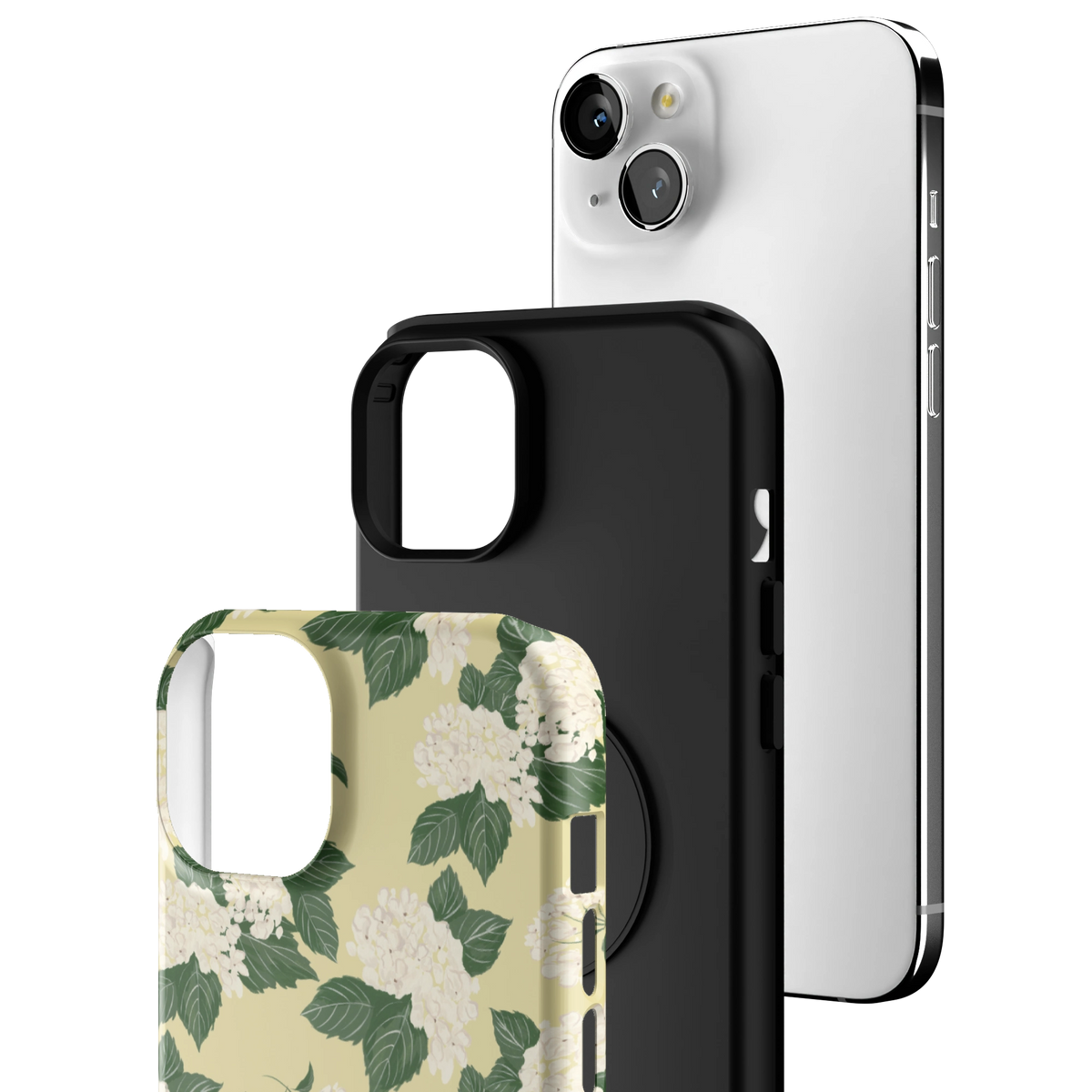 Exploded view of the Hydrangea iPhone 15 Plus case: printed shell, black inner layer with MagSafe ring, and phone