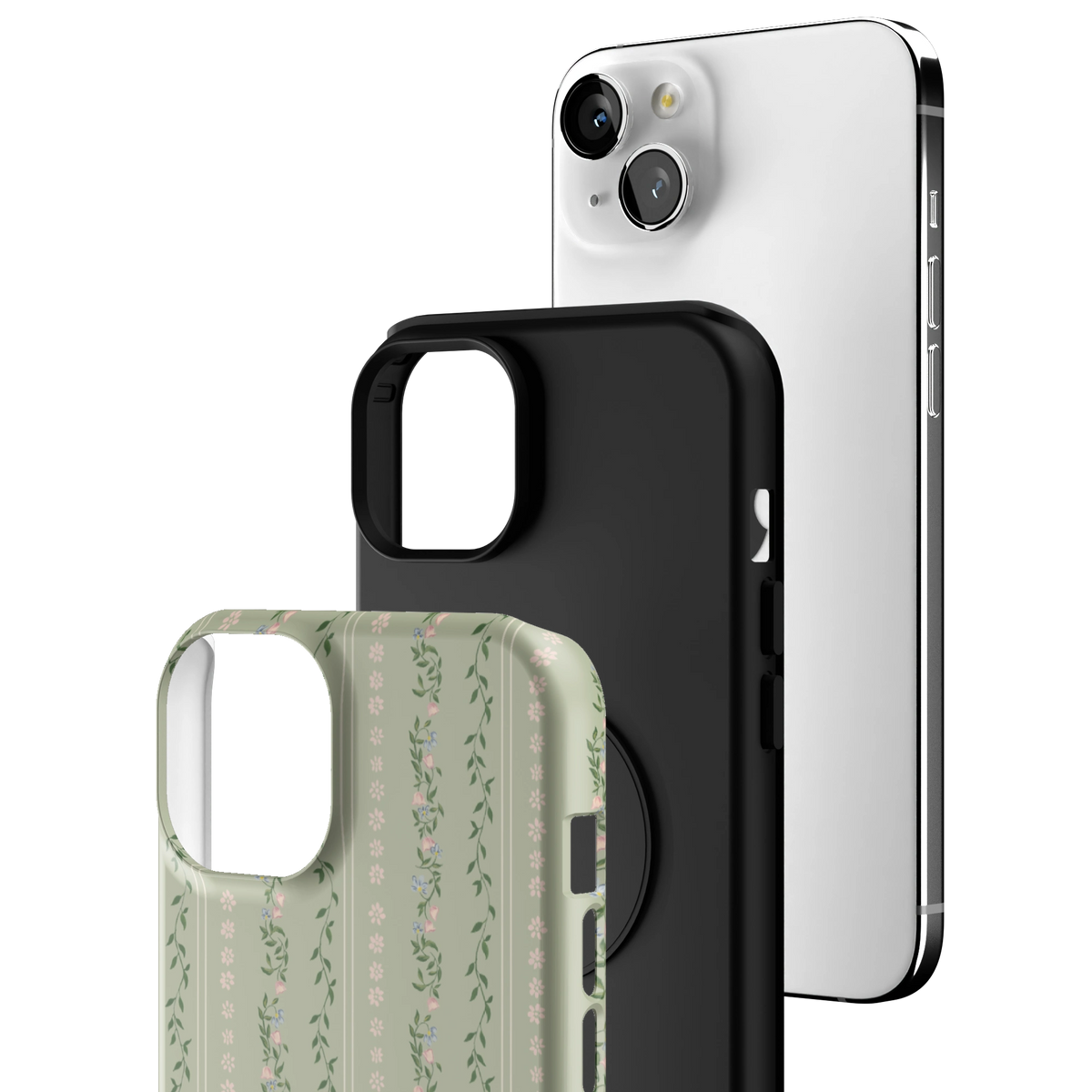 Exploded view of the Camellia iPhone 15 Plus case: printed shell, black inner layer with MagSafe ring, and phone