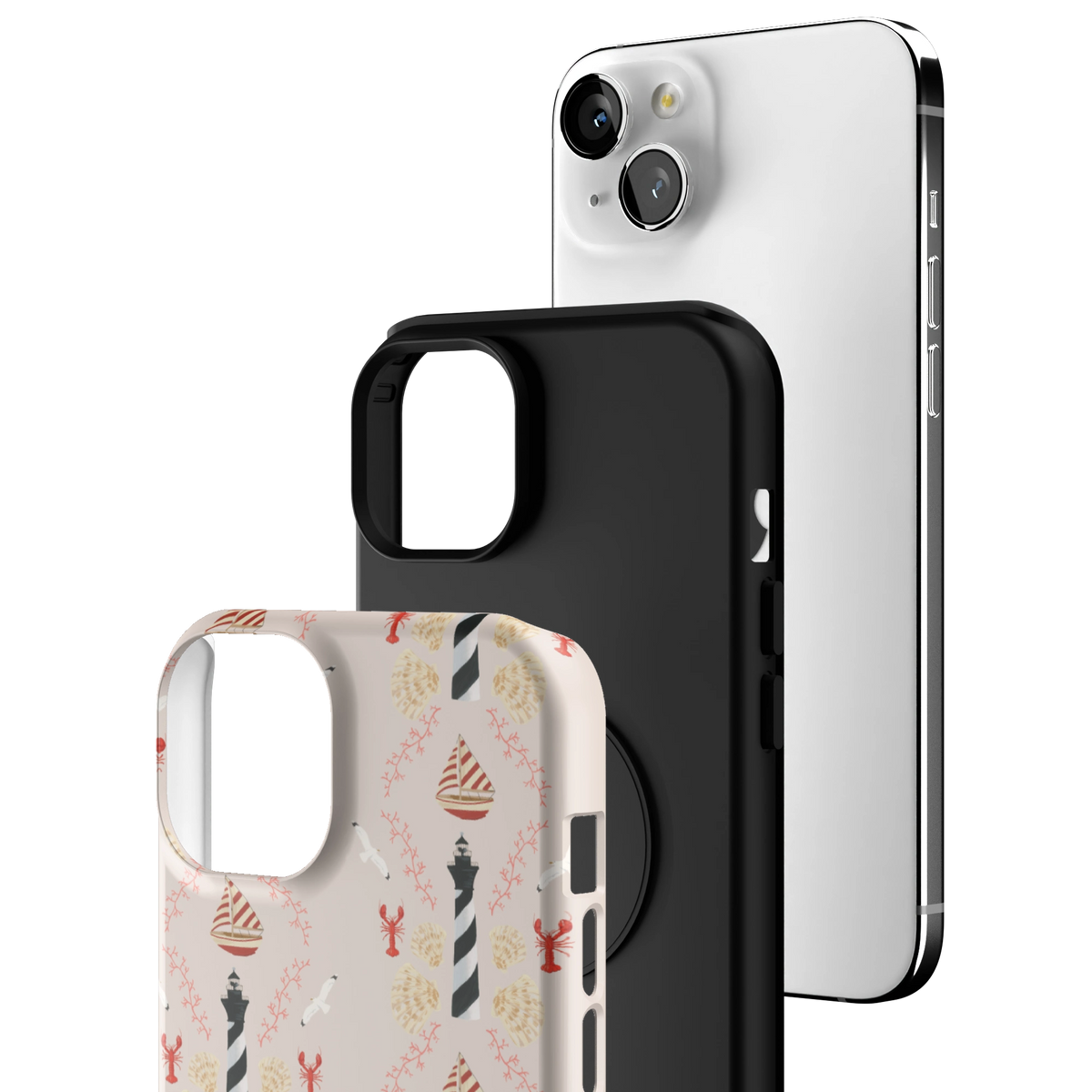 Exploded view of the Lighthouse iPhone 15 Plus case: printed shell, black inner layer with MagSafe ring, and phone