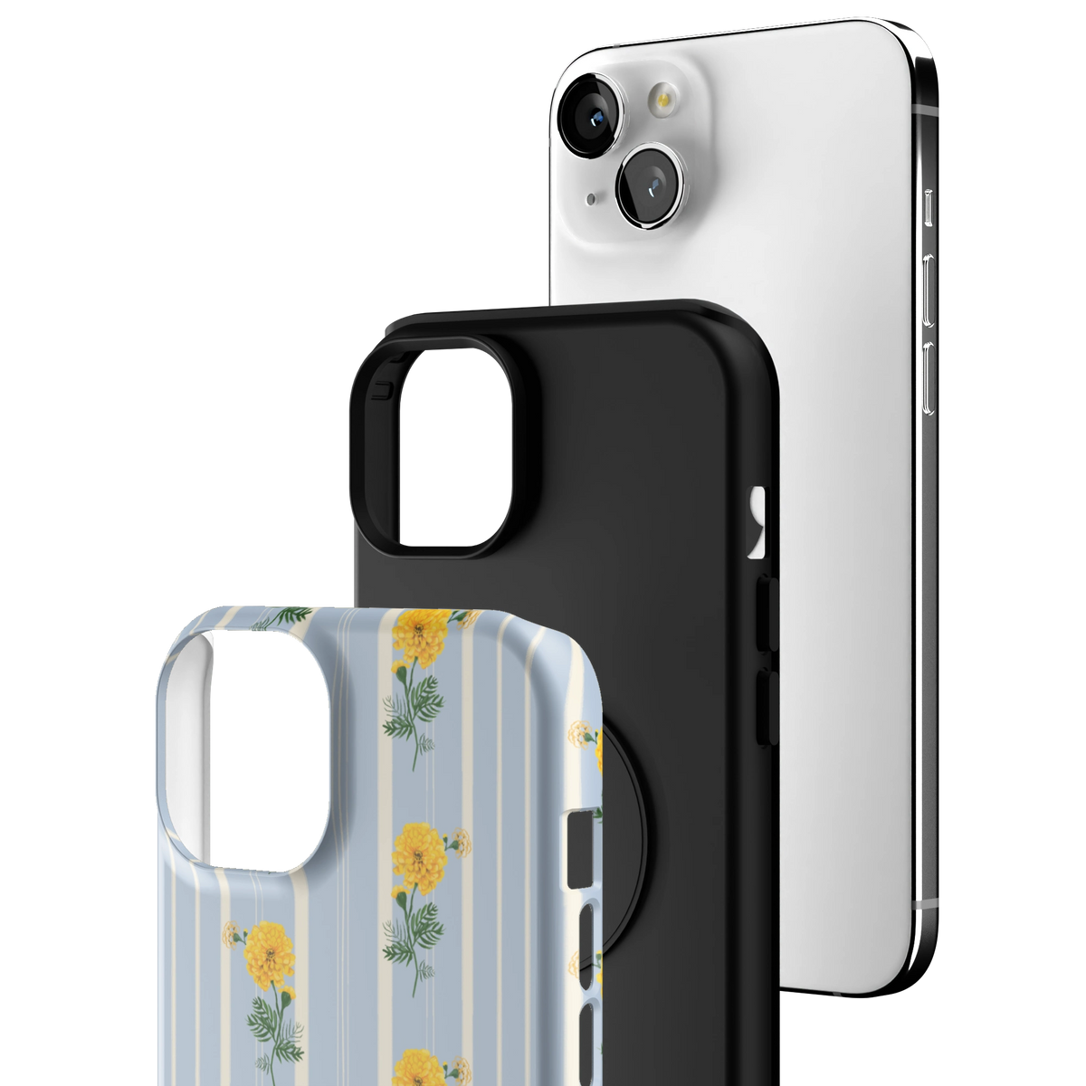 Exploded view of the October Birth Month iPhone 15 Plus case: printed shell, black inner layer with MagSafe ring, and phone