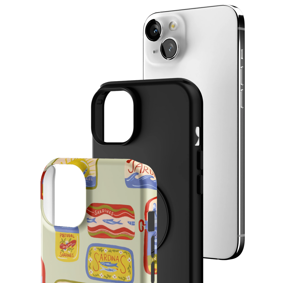 Exploded view of the Sardines Personalized iPhone 15 Plus case: printed shell, black inner layer with MagSafe ring, and phone