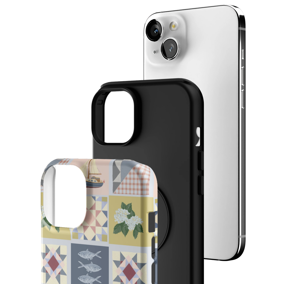Exploded view of the Coastal Quilt iPhone 15 Plus case: printed shell, black inner layer with MagSafe ring, and phone
