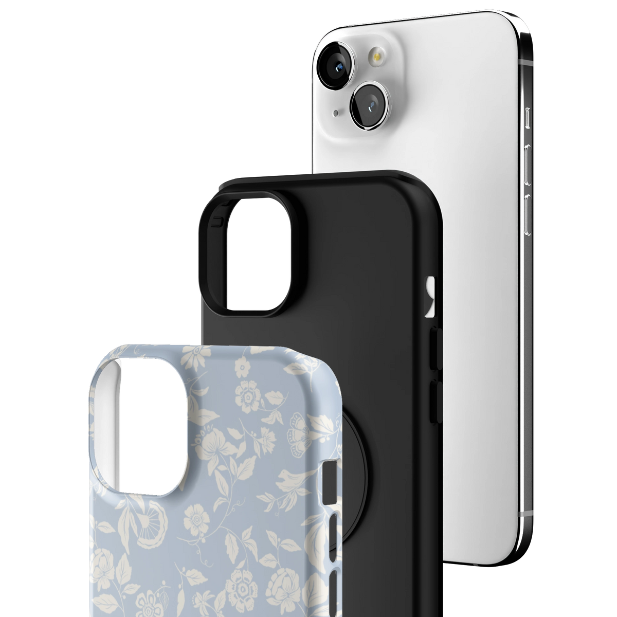 Exploded view of the Spritz iPhone 15 Plus case: printed shell, black inner layer with MagSafe ring, and phone