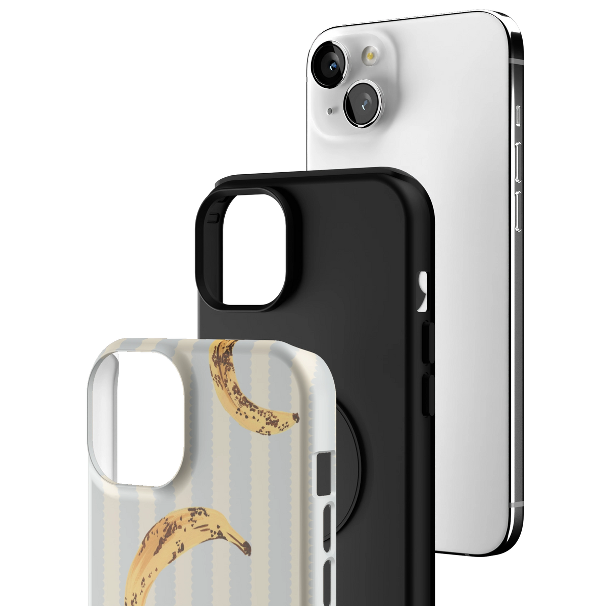 Exploded view of the Striped Bananas Personalized iPhone 15 Plus case: printed shell, black inner layer with MagSafe ring, and phone