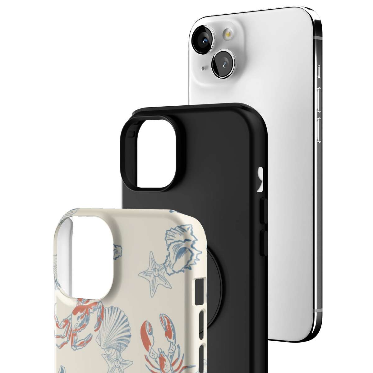 Exploded view of the Mariner Personalized iPhone 15 Plus case: printed shell, black inner layer with MagSafe ring, and phone