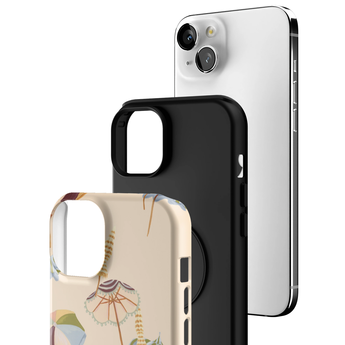 Exploded view of the Umbrellas Personalized iPhone 15 Plus case: printed shell, black inner layer with MagSafe ring, and phone