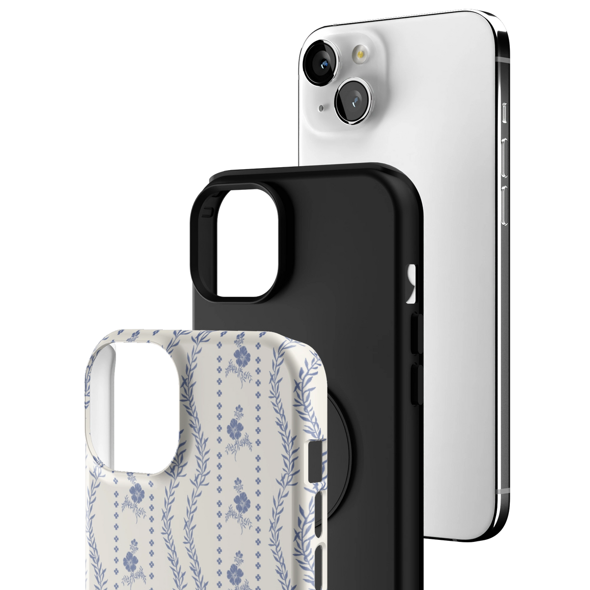 Exploded view of the Riviera iPhone 15 Plus case: printed shell, black inner layer with MagSafe ring, and phone