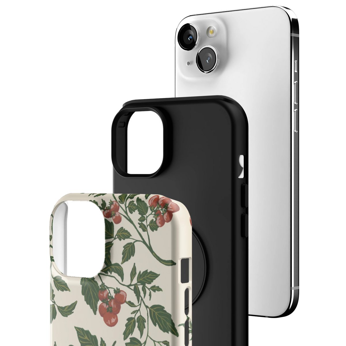 Exploded view of the Tomato Vines iPhone 15 Plus case: printed shell, black inner layer with MagSafe ring, and phone