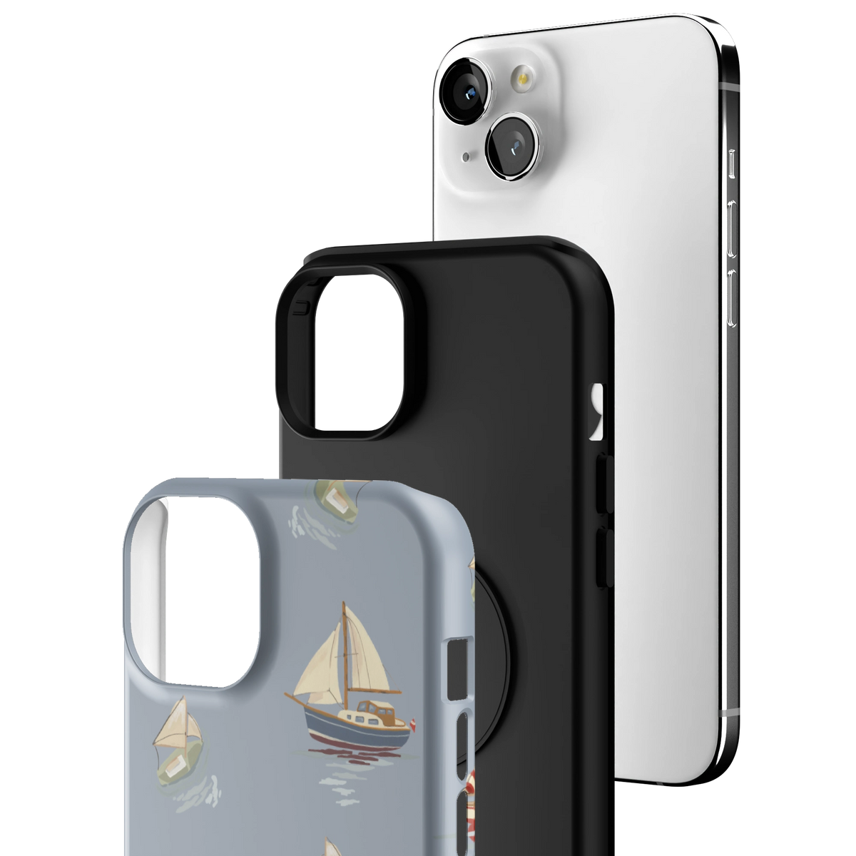 Exploded view of the Harbor iPhone 15 Plus case: printed shell, black inner layer with MagSafe ring, and phone