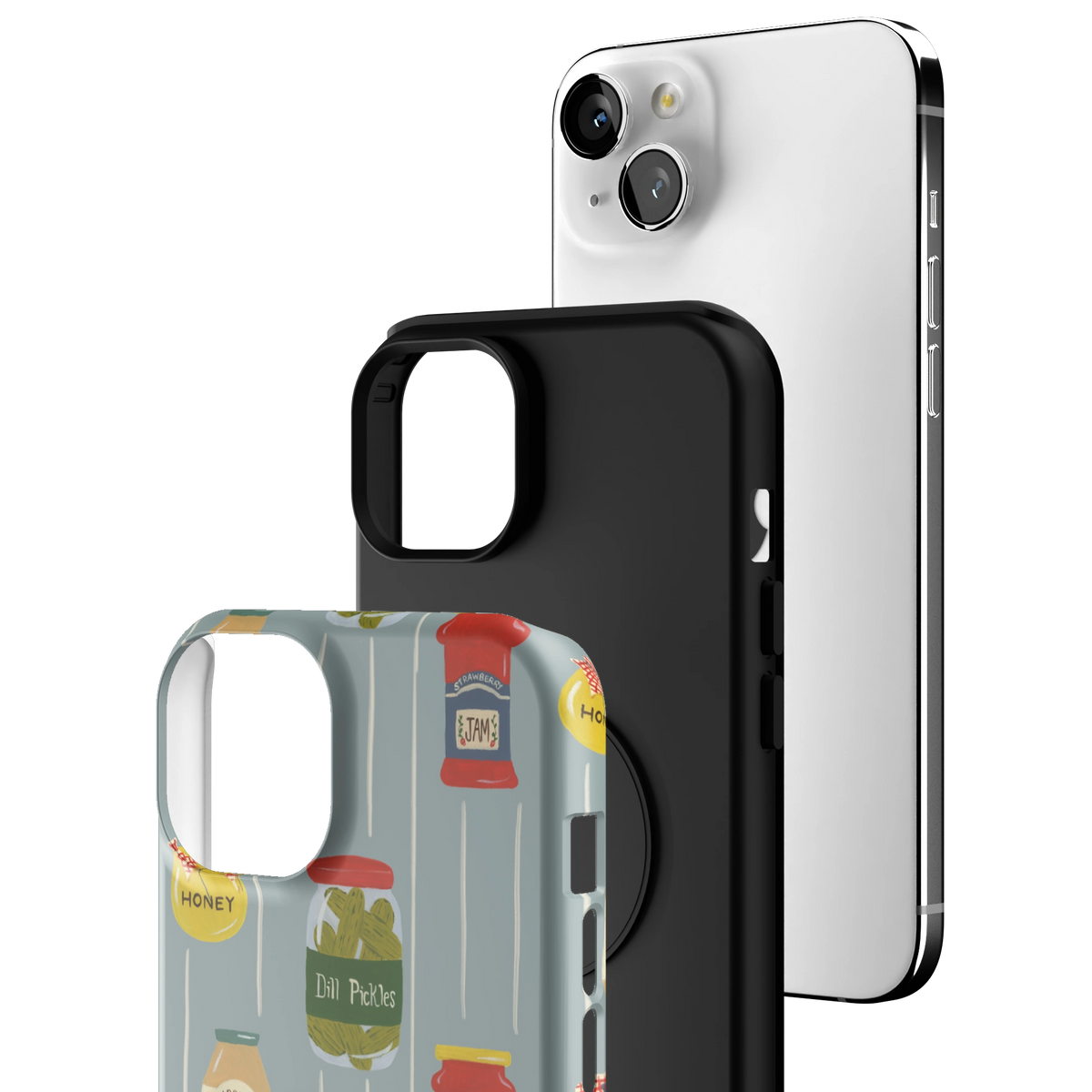 Exploded view of the Preserves Personalized iPhone 15 Plus case: printed shell, black inner layer with MagSafe ring, and phone