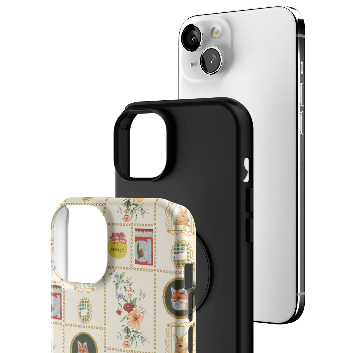 Exploded view of the Sampler Personalized iPhone 15 Plus case: printed shell, black inner layer with MagSafe ring, and phone