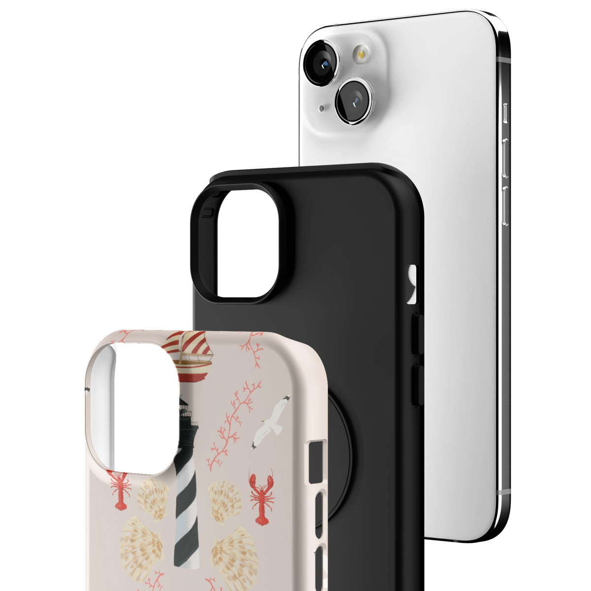 Exploded view of the Lighthouse Personalized iPhone 15 Plus case: printed shell, black inner layer with MagSafe ring, and phone