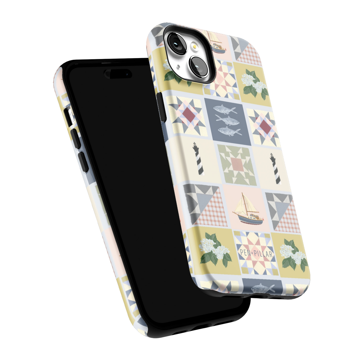 Coastal Quilt iPhone 15 Plus case tilted to show the raised edges around the screen and camera