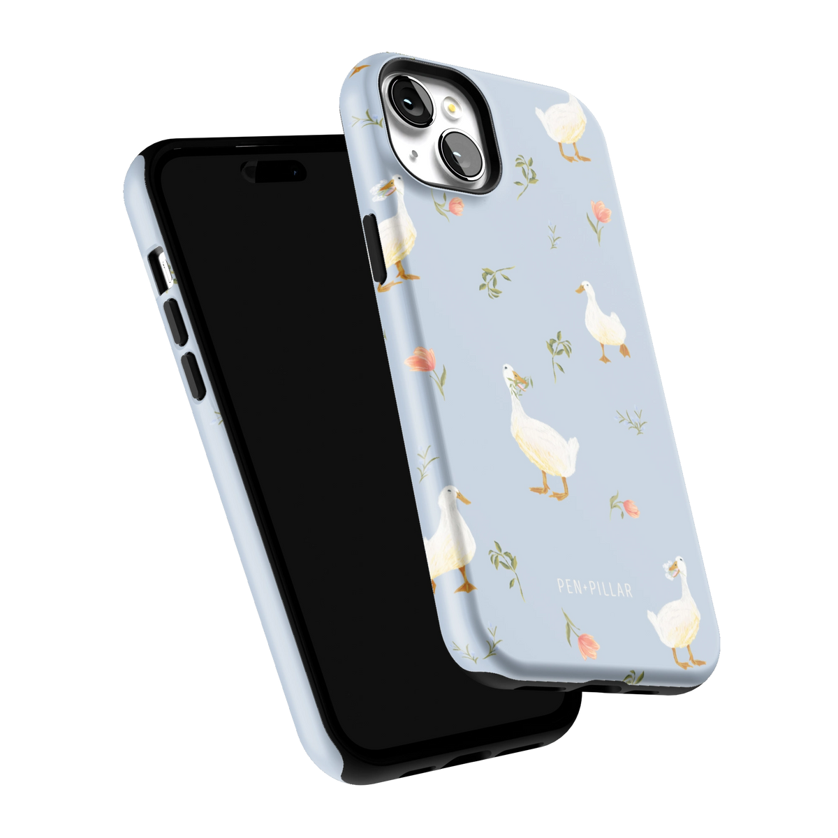 Ducks iPhone 15 Plus case tilted to show the raised edges around the screen and camera