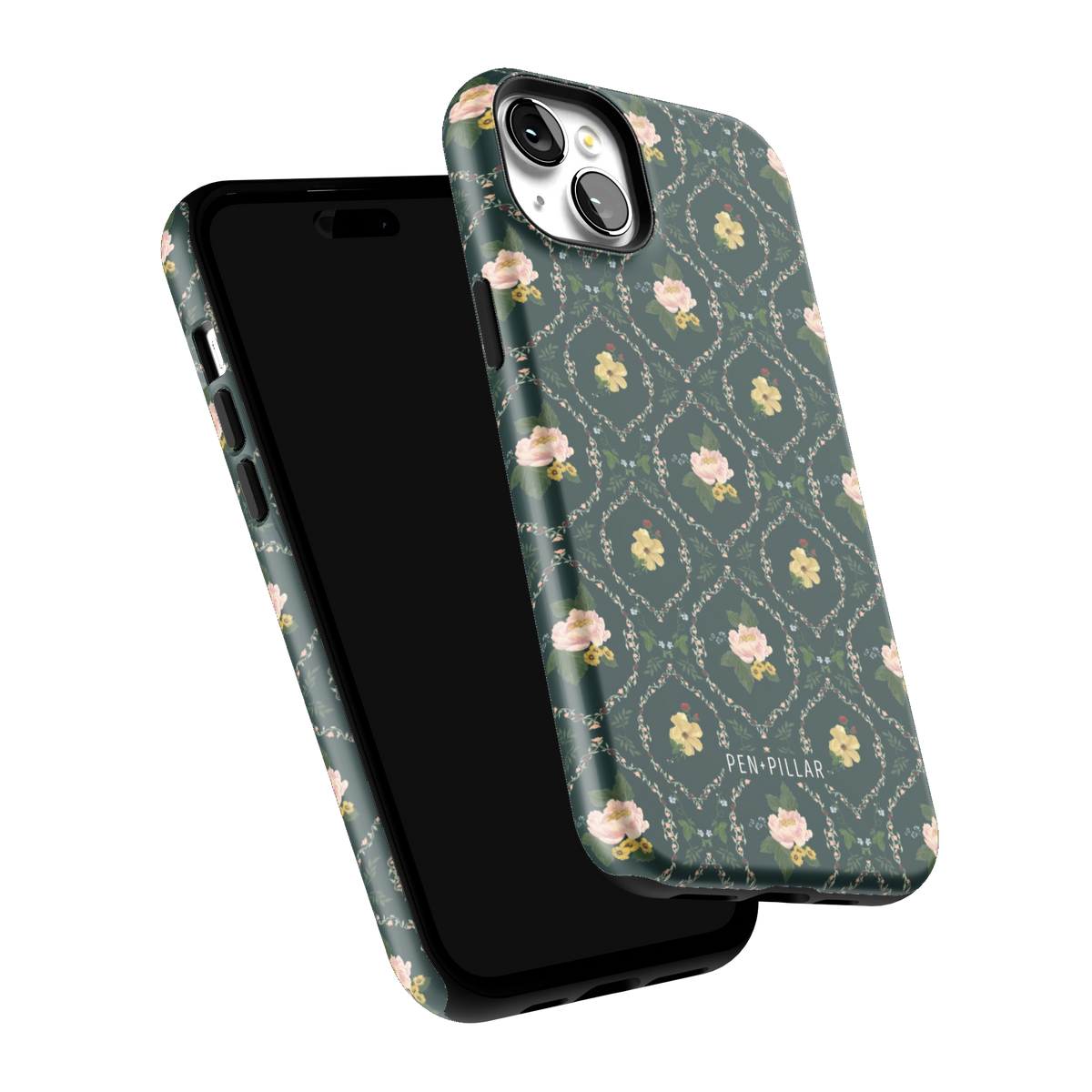 Meadow iPhone 15 Plus case tilted to show the raised edges around the screen and camera
