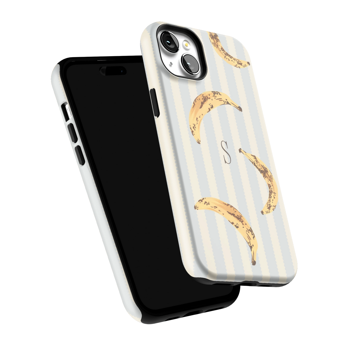 Striped Bananas Personalized iPhone 15 Plus case tilted to show the raised edges around the screen and camera