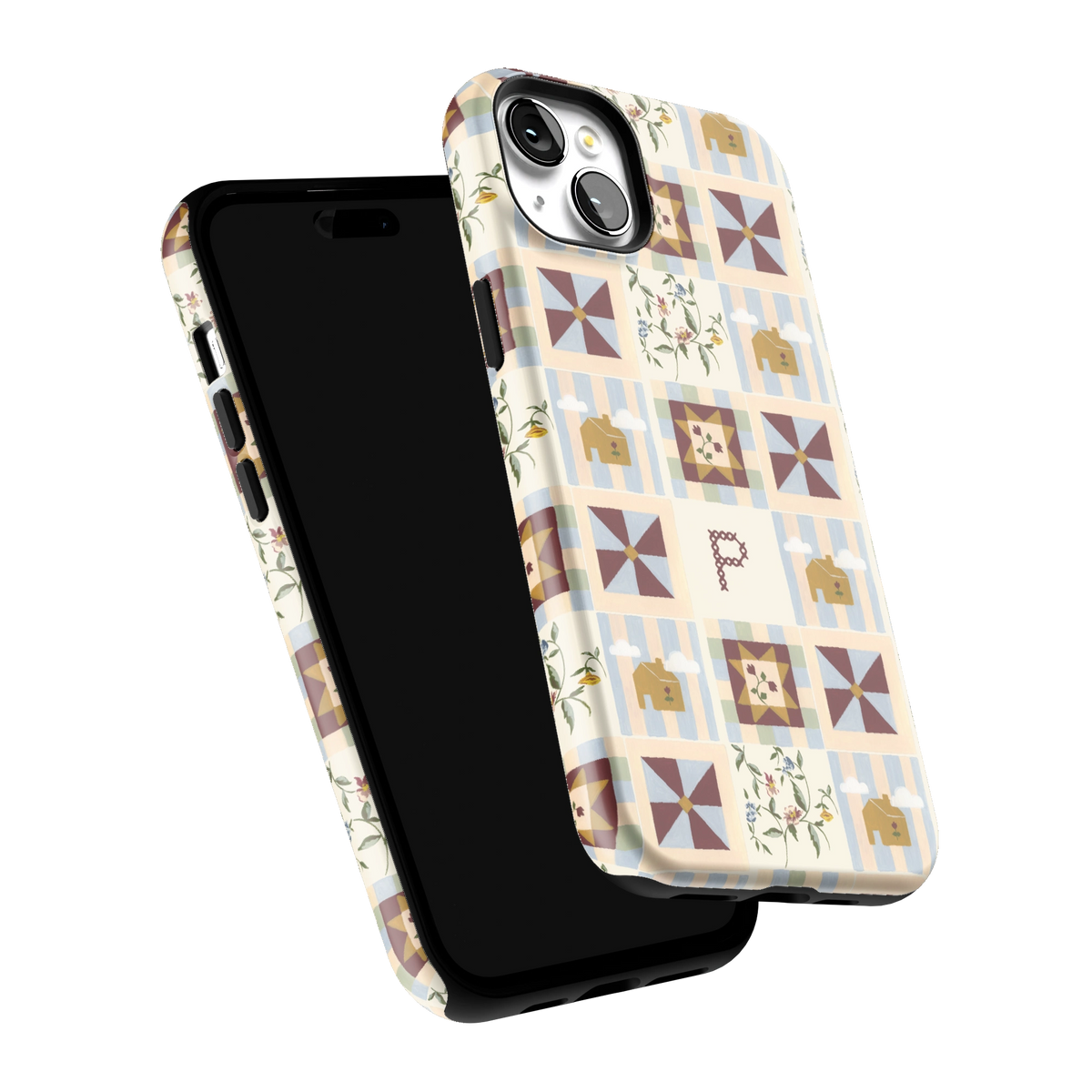 Pinwheel Personalized iPhone 15 Plus case tilted to show the raised edges around the screen and camera