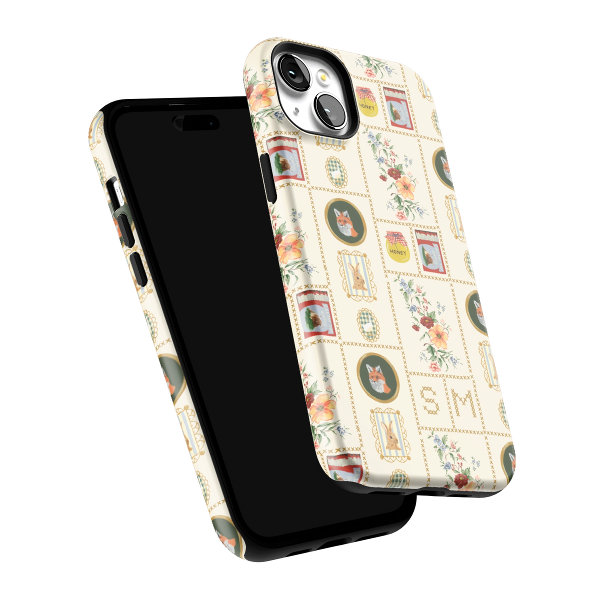Sampler Personalized iPhone 15 Plus case tilted to show the raised edges around the screen and camera