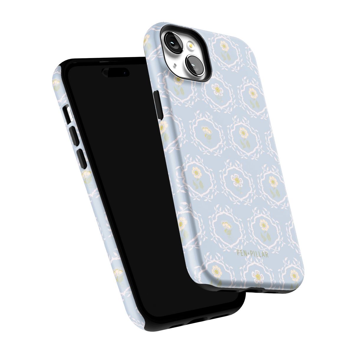 Merrigold iPhone 15 Plus case tilted to show the raised edges around the screen and camera