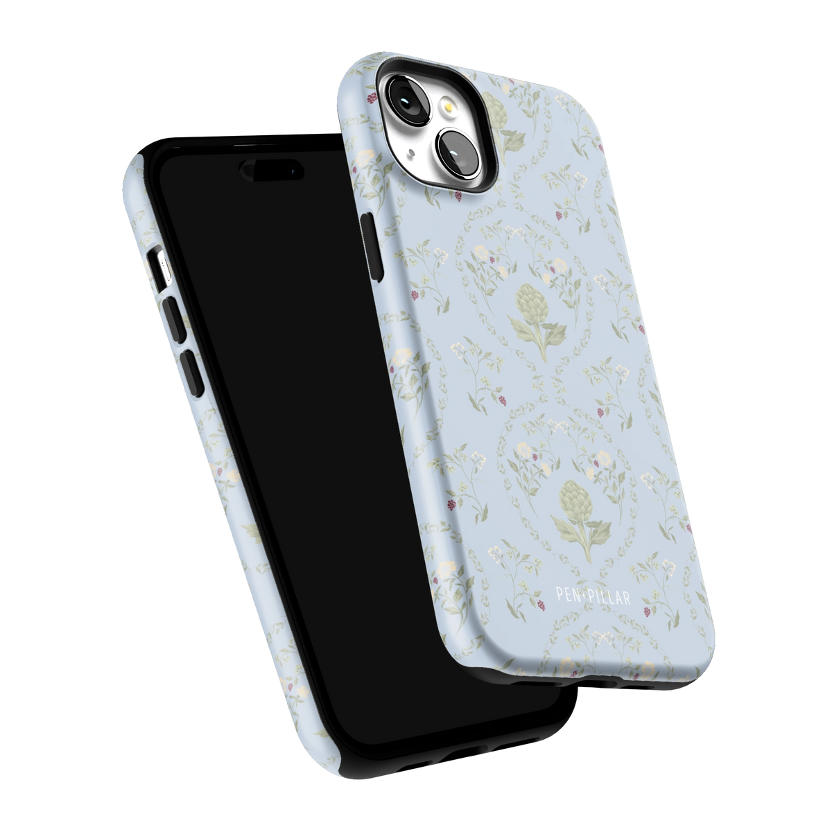Artichoke iPhone 15 Plus case tilted to show the raised edges around the screen and camera