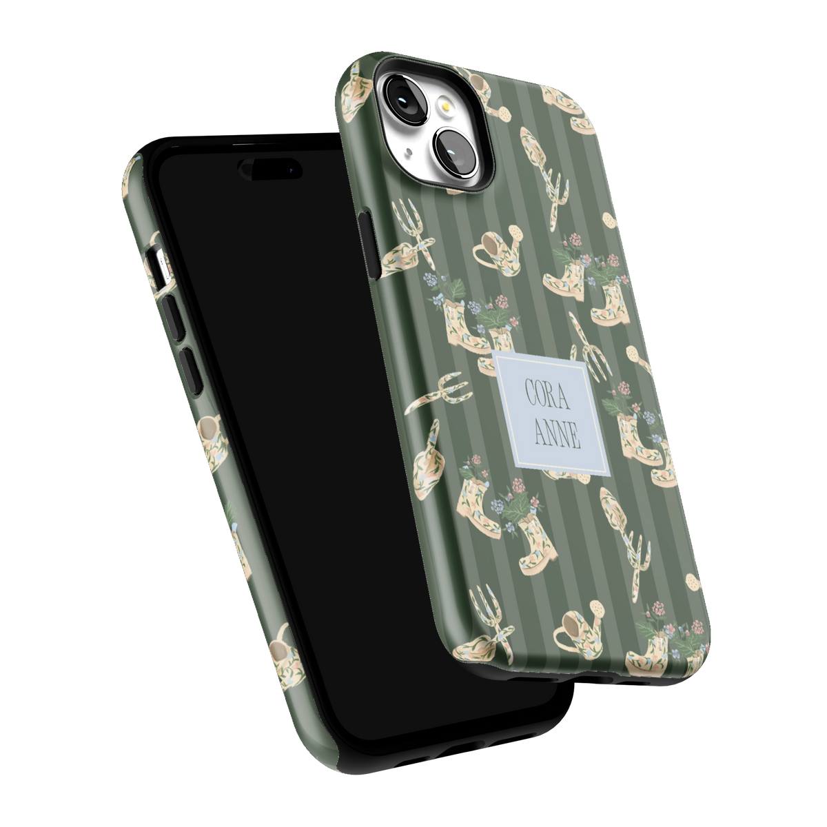 In the Garden Personalized iPhone 15 Plus case tilted to show the raised edges around the screen and camera
