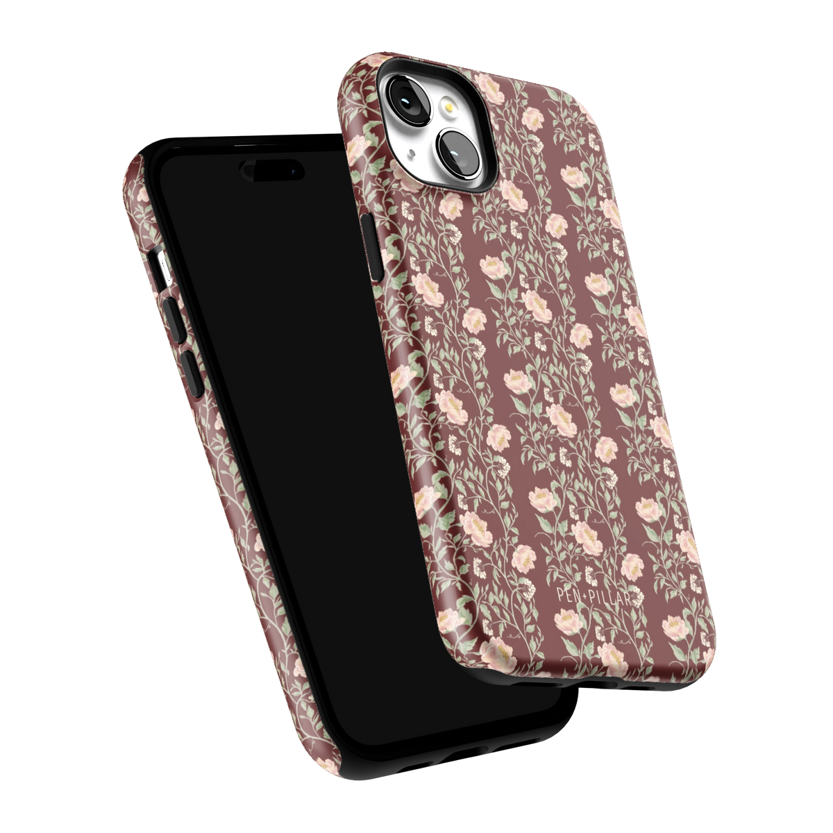 Thicket iPhone 15 Plus case tilted to show the raised edges around the screen and camera