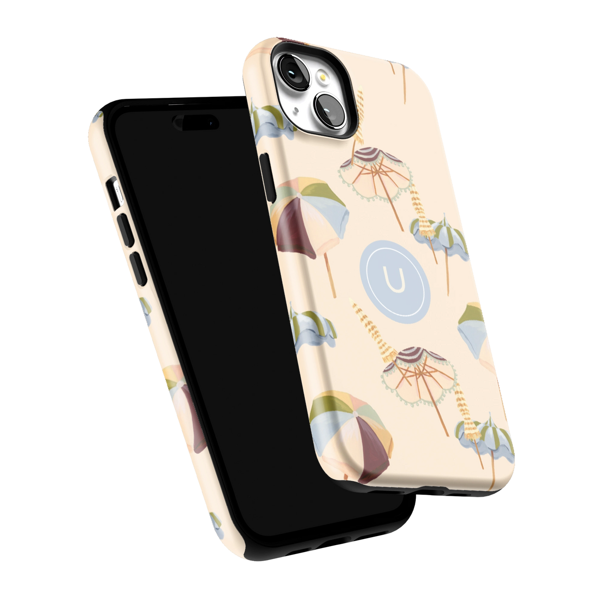 Umbrellas Personalized iPhone 15 Plus case tilted to show the raised edges around the screen and camera