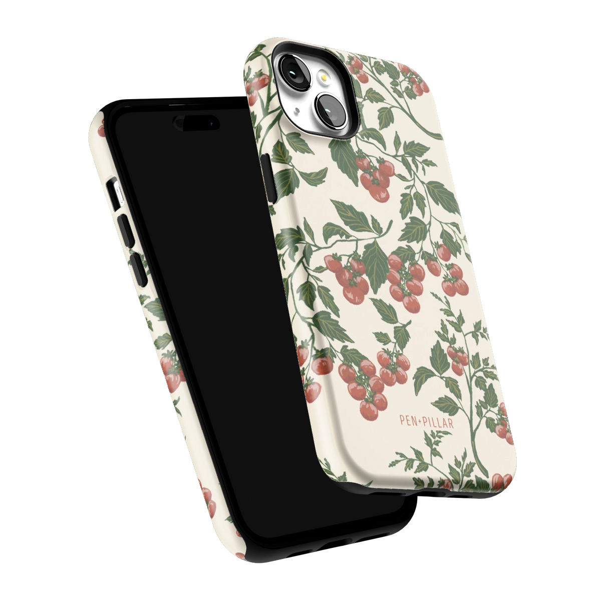 Tomato Vines iPhone 15 Plus case tilted to show the raised edges around the screen and camera