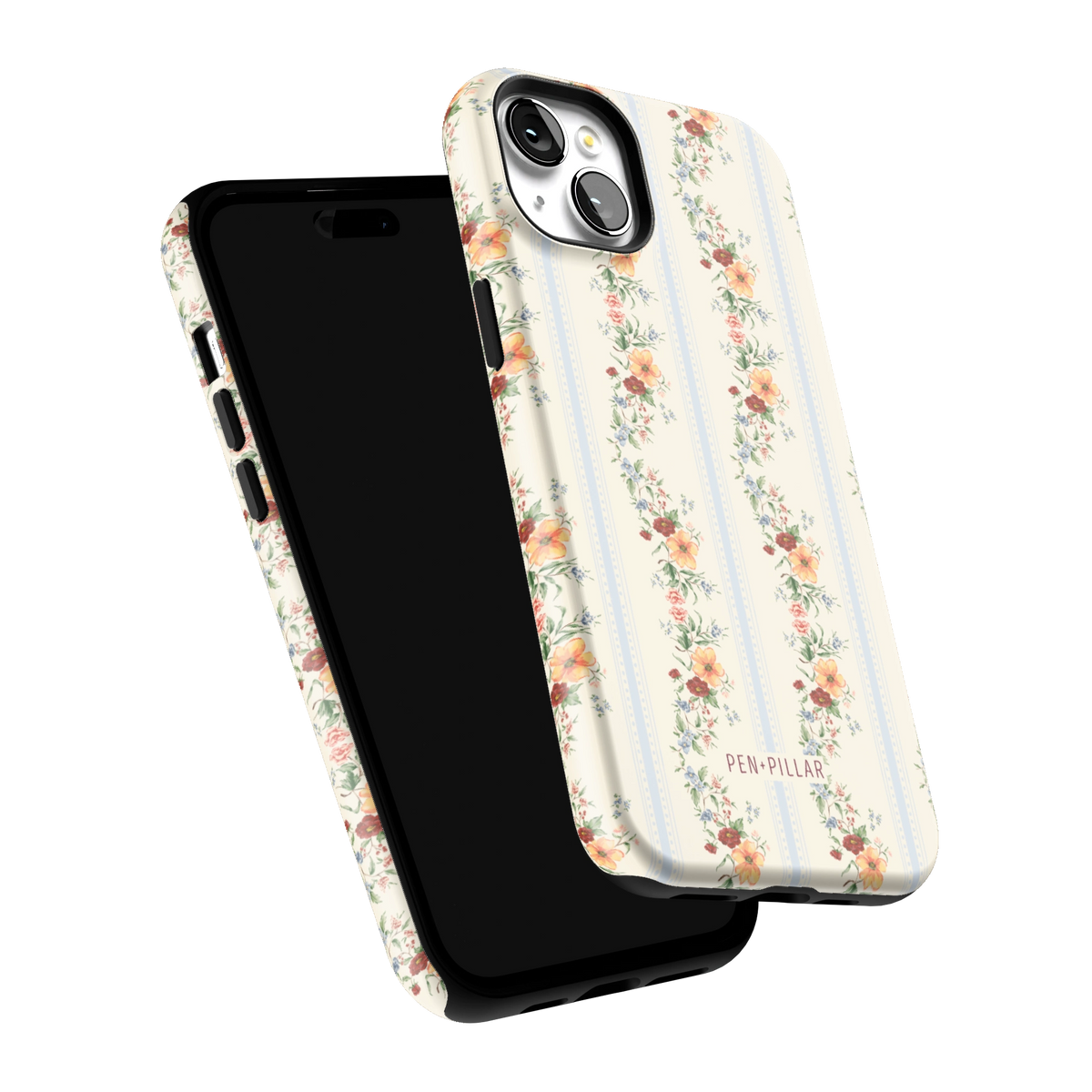 Wallflower iPhone 15 Plus case tilted to show the raised edges around the screen and camera