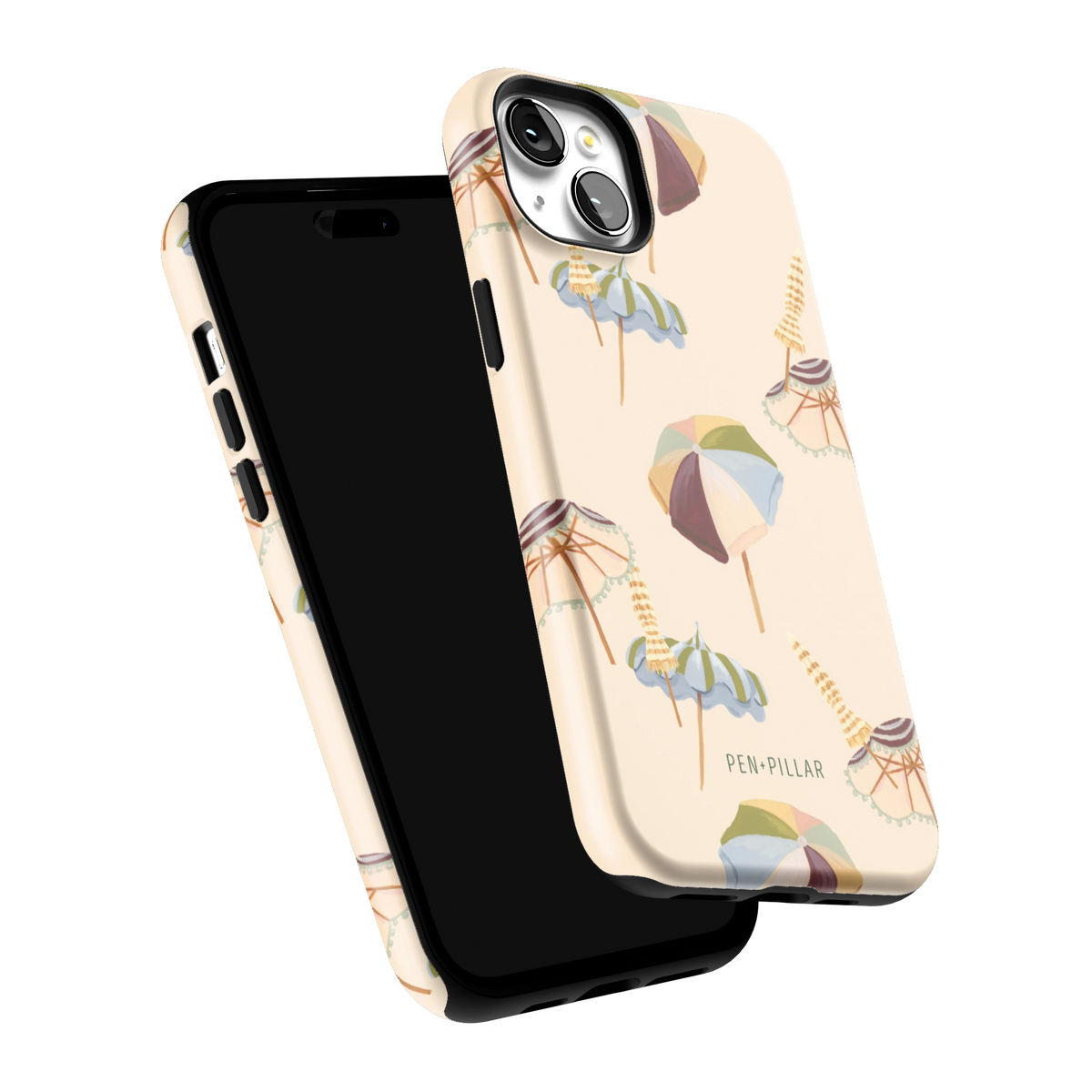 Umbrellas iPhone 15 Plus case tilted to show the raised edges around the screen and camera
