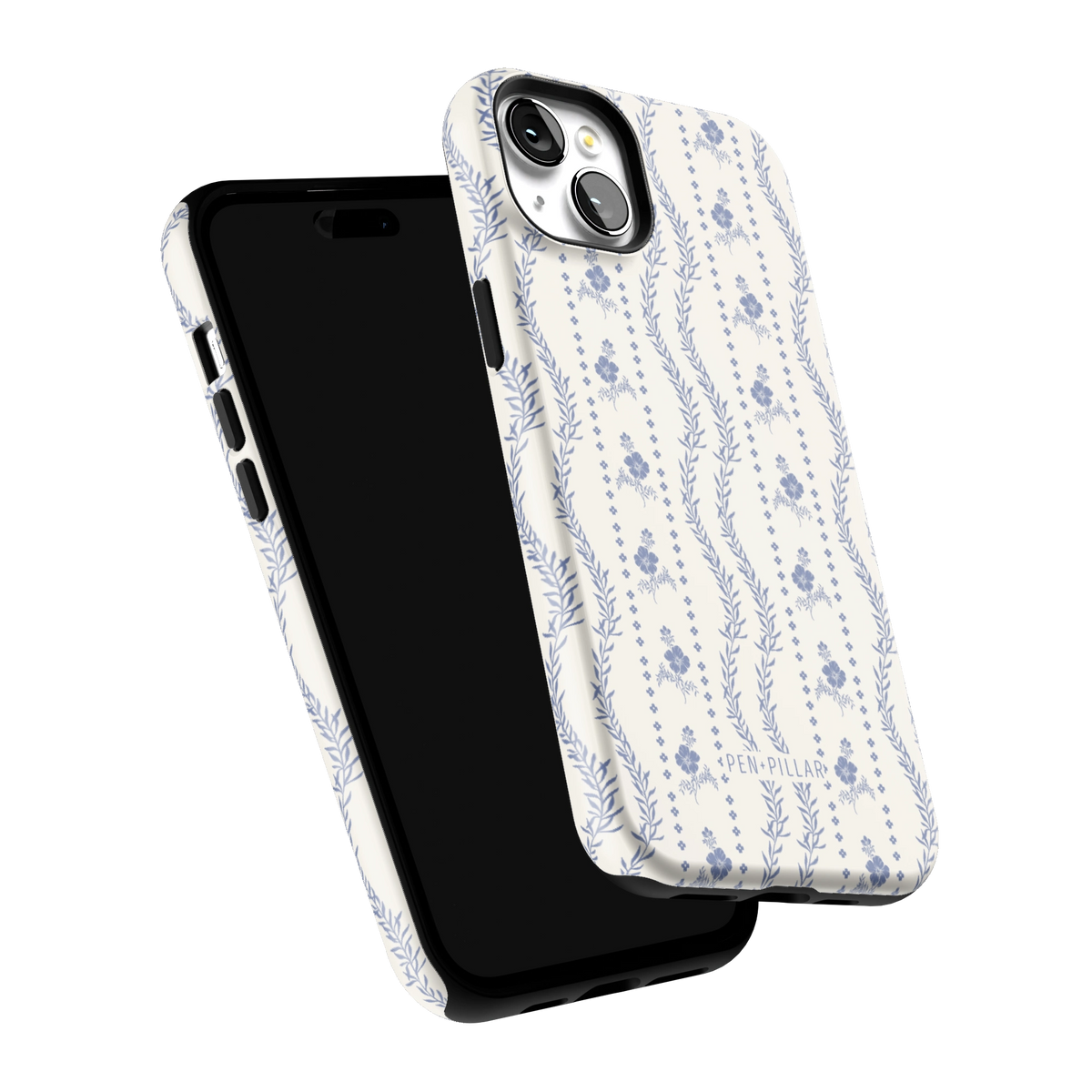 Riviera iPhone 15 Plus case tilted to show the raised edges around the screen and camera