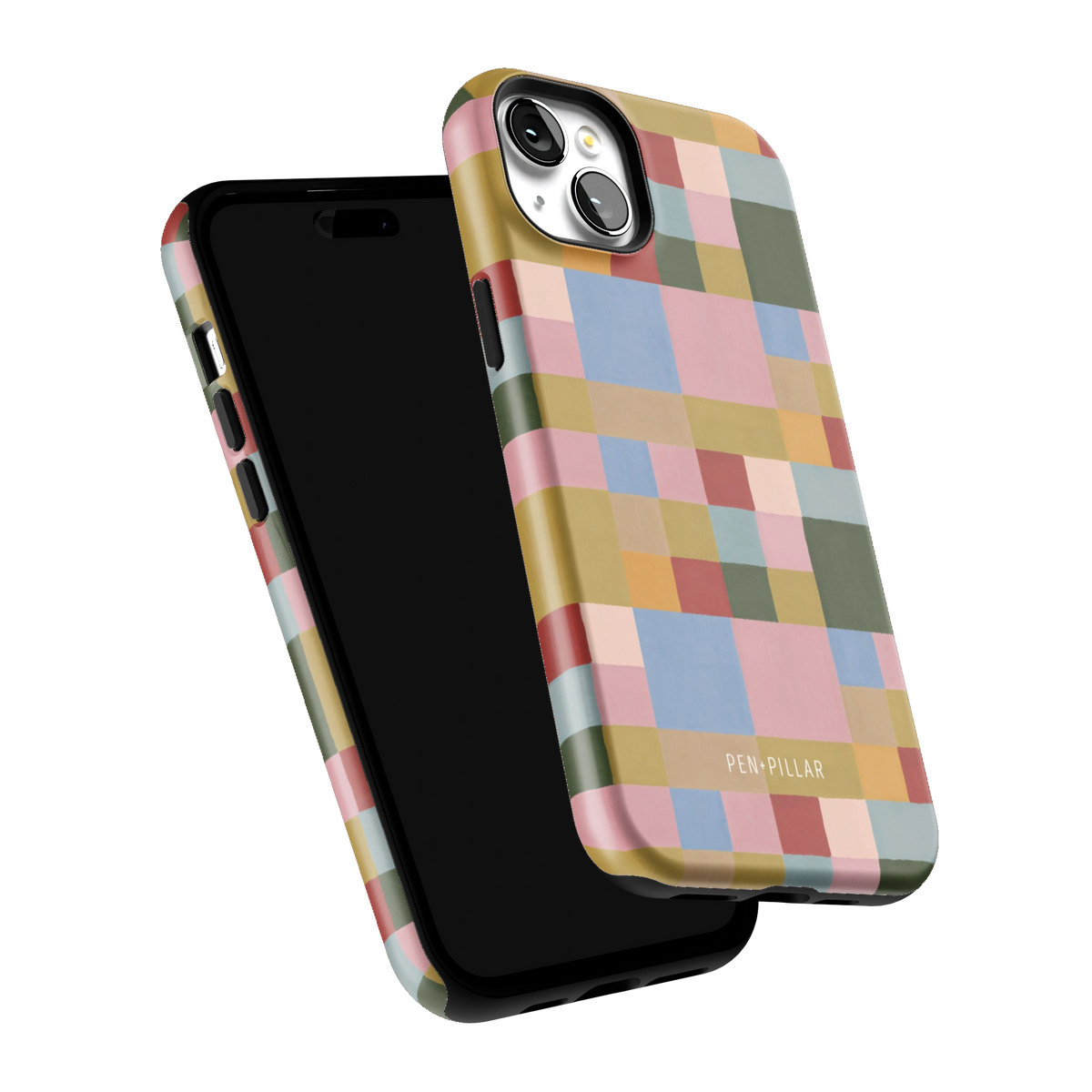 Colorblock iPhone 15 Plus case tilted to show the raised edges around the screen and camera