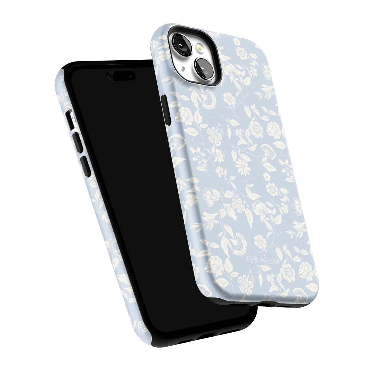 Spritz iPhone 15 Plus case tilted to show the raised edges around the screen and camera
