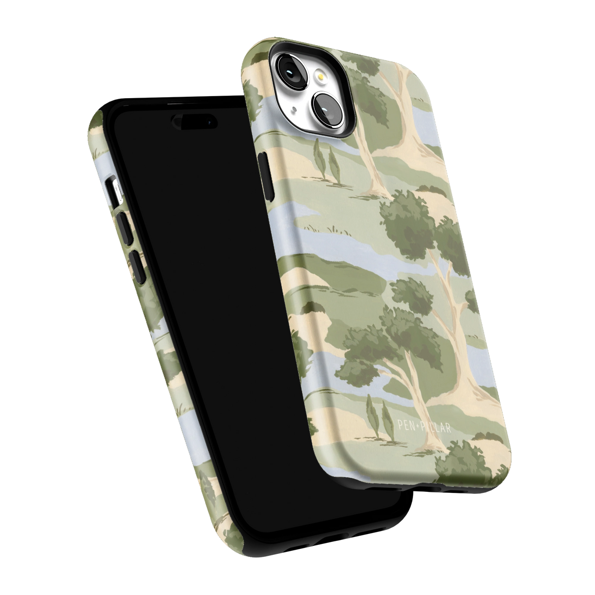 Orchard iPhone 15 Plus case tilted to show the raised edges around the screen and camera