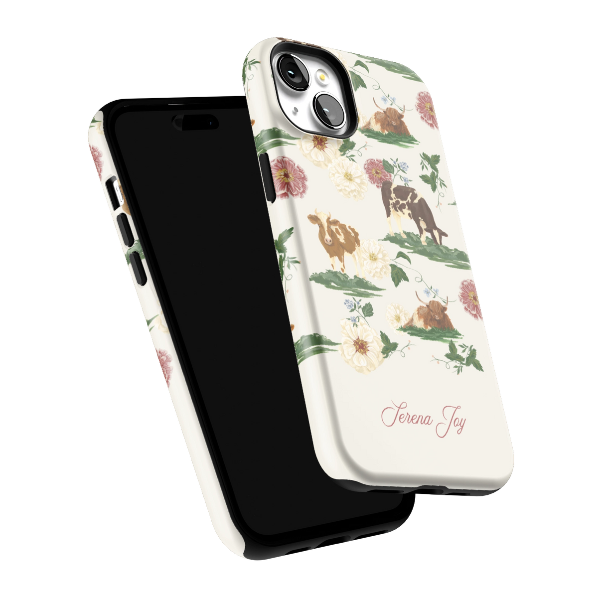Pasture Personalized iPhone 15 Plus case tilted to show the raised edges around the screen and camera