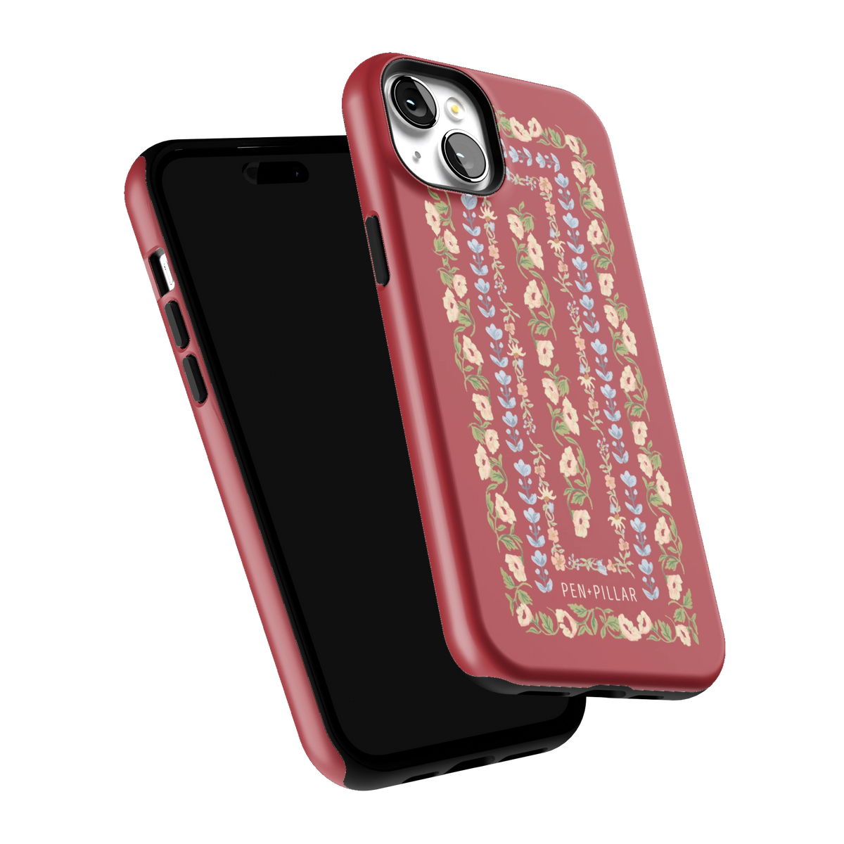 Fiona iPhone 15 Plus case tilted to show the raised edges around the screen and camera