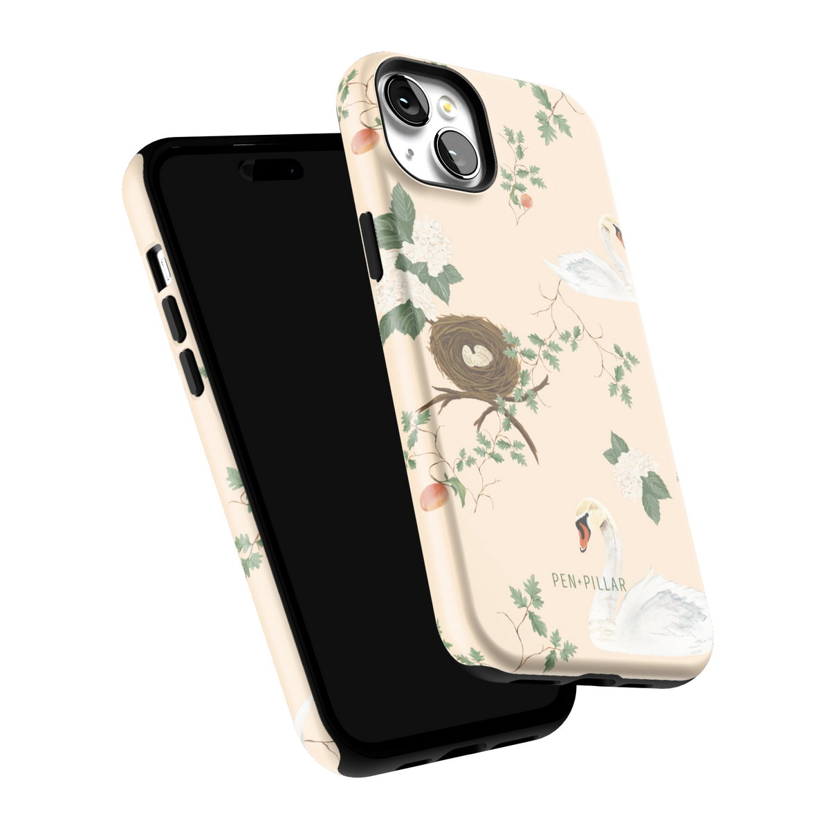 Swan Hollow iPhone 15 Plus case tilted to show the raised edges around the screen and camera
