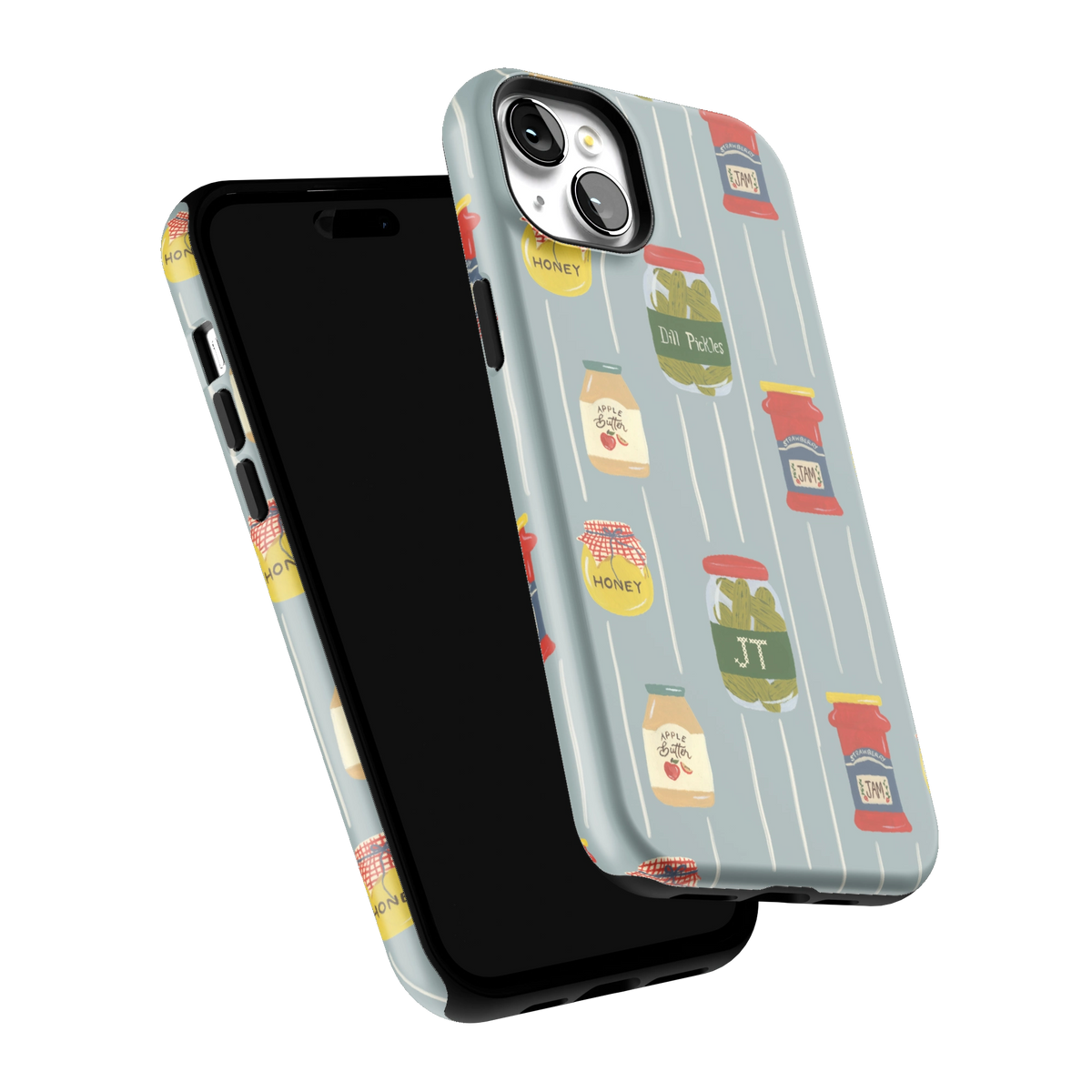 Preserves Personalized iPhone 15 Plus case tilted to show the raised edges around the screen and camera