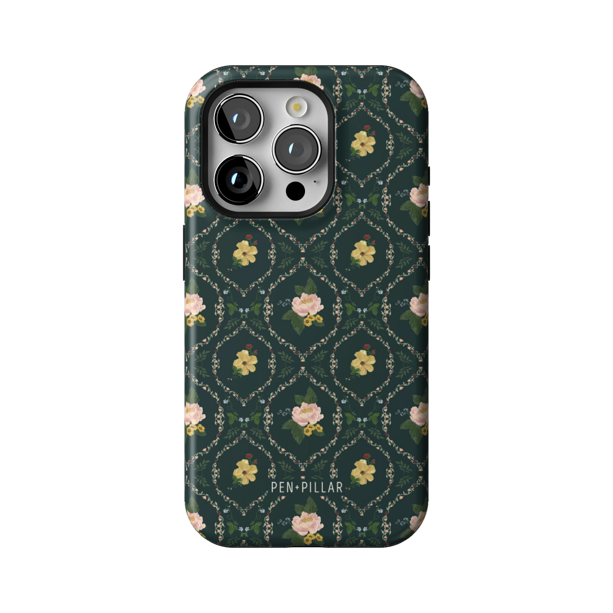 Meadow case on iPhone 15 Pro, back view: small yellow and pink flowers in a diamond trellis on deep green