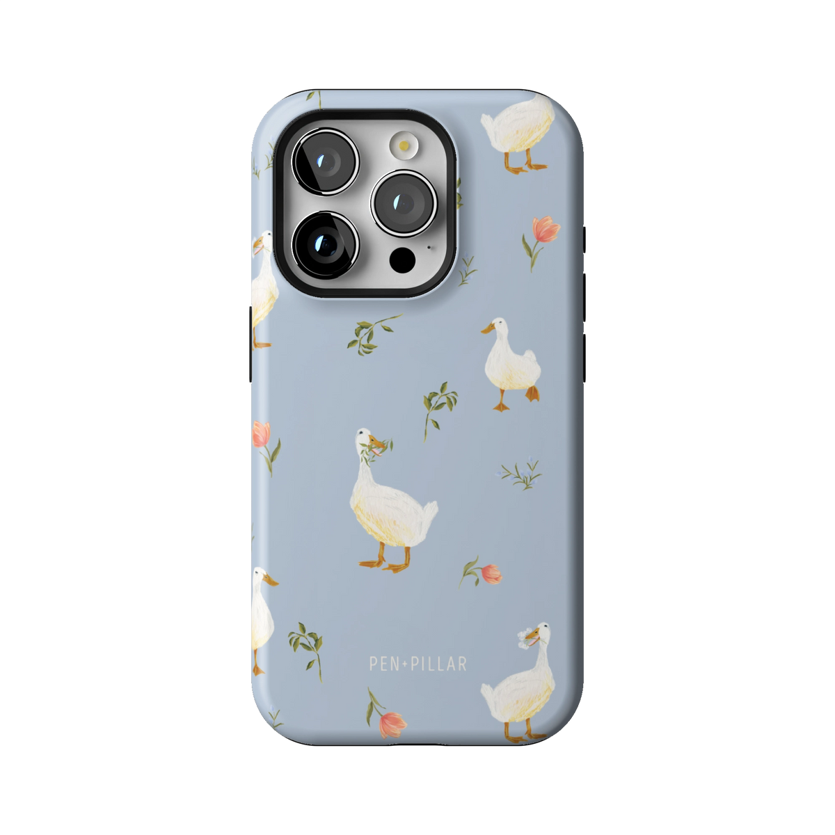 Ducks case on iPhone 15 Pro, back view: white ducks and small flower sprigs on soft blue