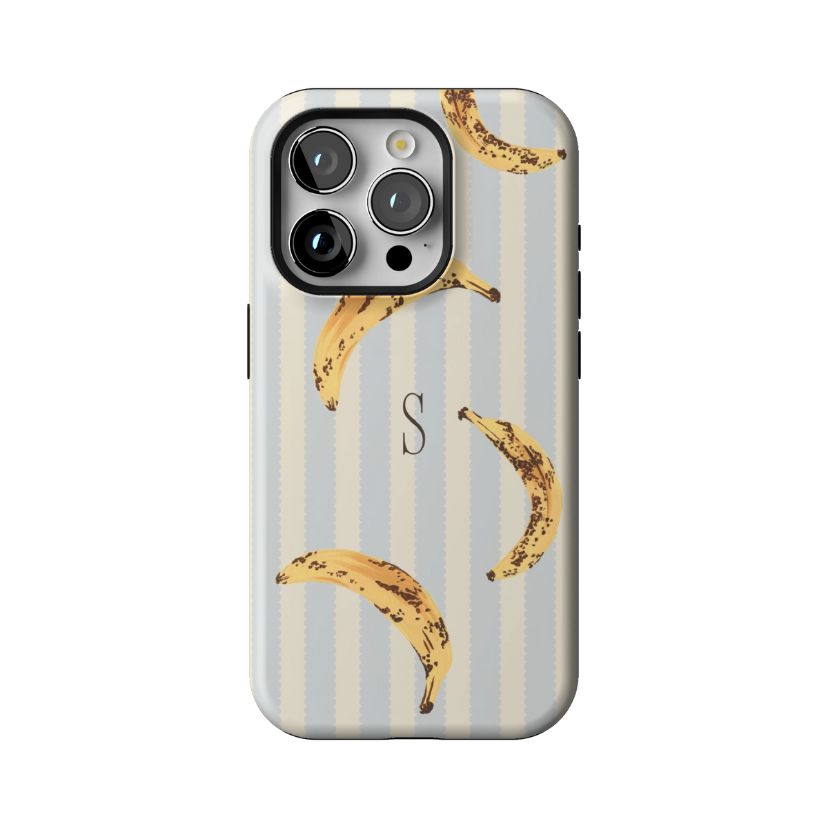 Striped Bananas Personalized case on iPhone 15 Pro, back view: ripe bananas on pale blue and cream stripes with the initial S